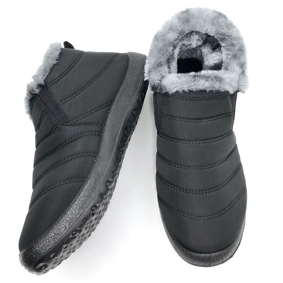 BJ Black Quilted Faux Fur Lined Soft Sole Flat Ankle Waterproof Slipper Shoes - Picture 6 of 16